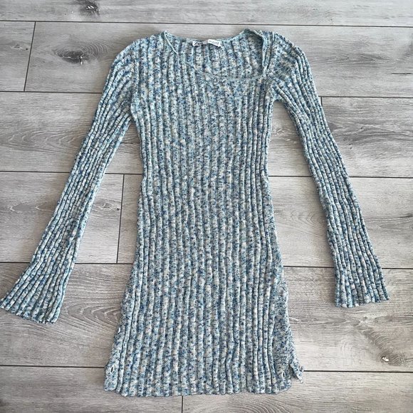 Zara Asymmetric Neckline Blue Knit Sweater Dress Women's Small S - Picture 1 of 8